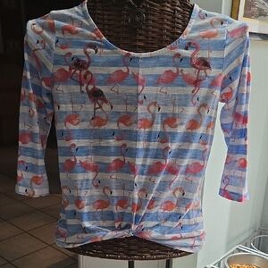 Onque Casuals Blue and Pink Fitted Tie Front Long Sleeve Tee